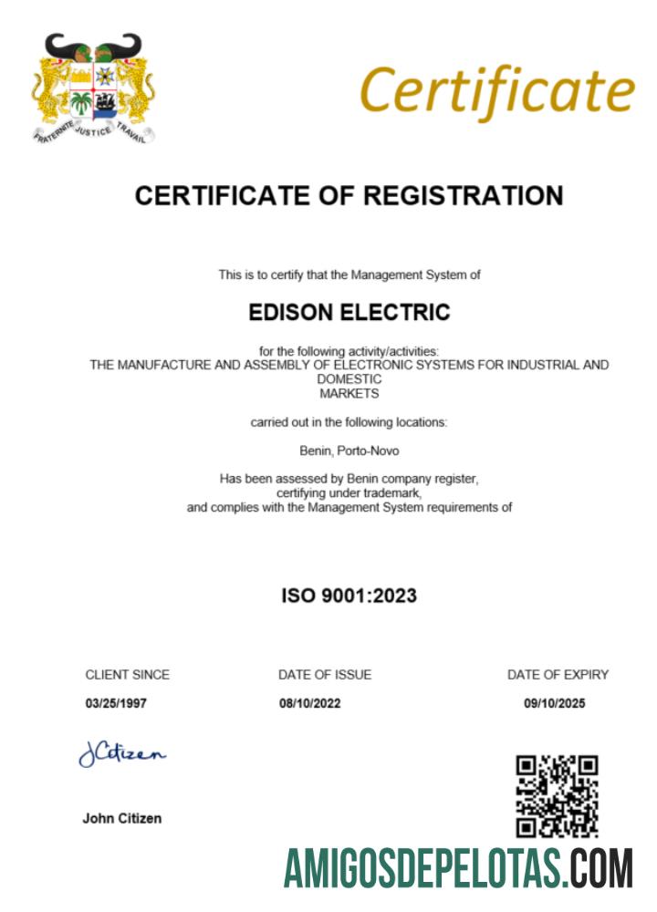 Certificado de registro realista do Benin modelo Word e PDF